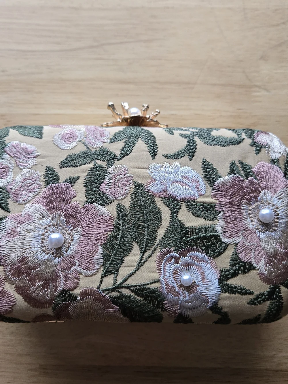 Source Unknown Pink and Green Floral Embroidered Clutch with Pearl Accents